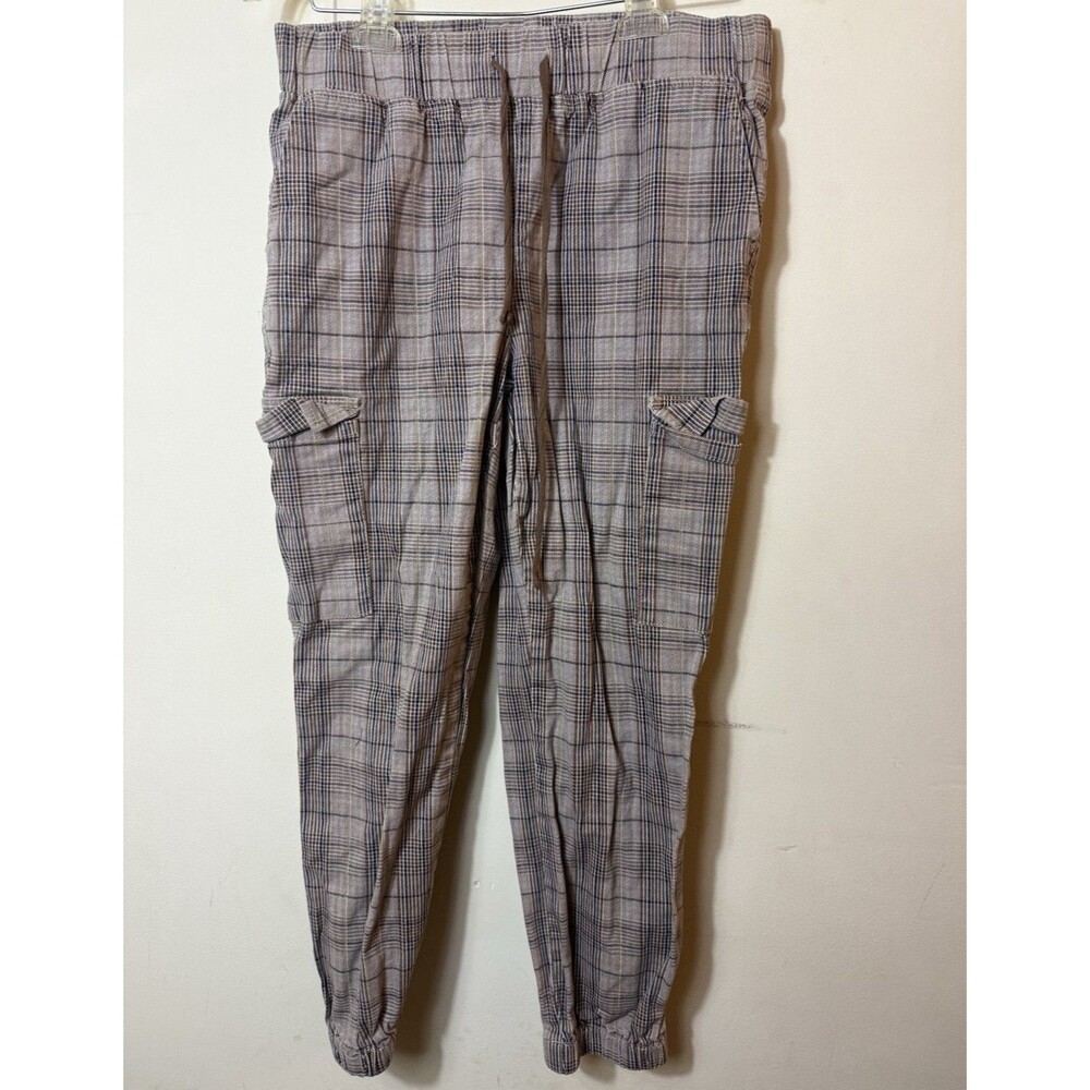 Tinsel Town Gray Plaid Cargo Pants M Regular Fit Tapered Leg Elastic Waist